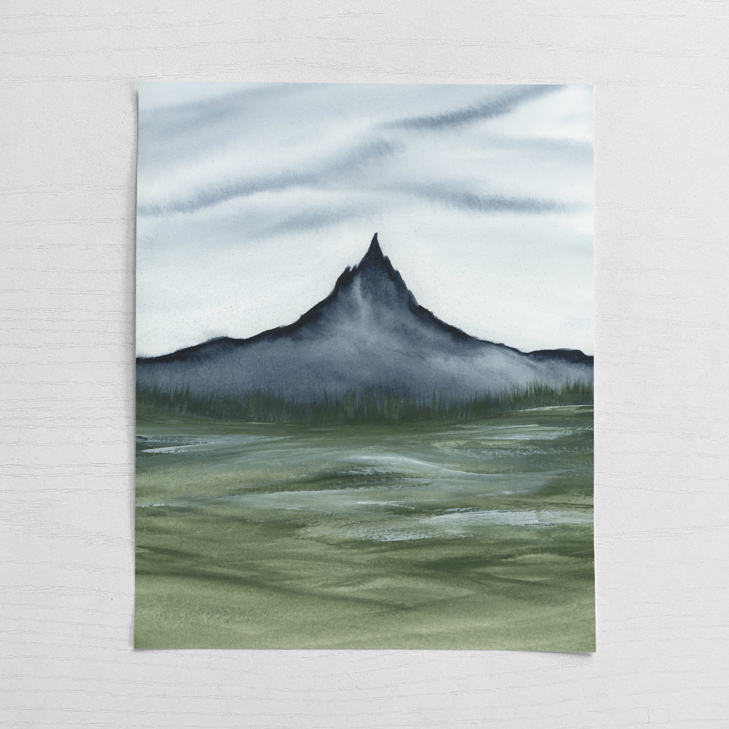 Navy Blue Mountain Sage Green Valley Watercolor